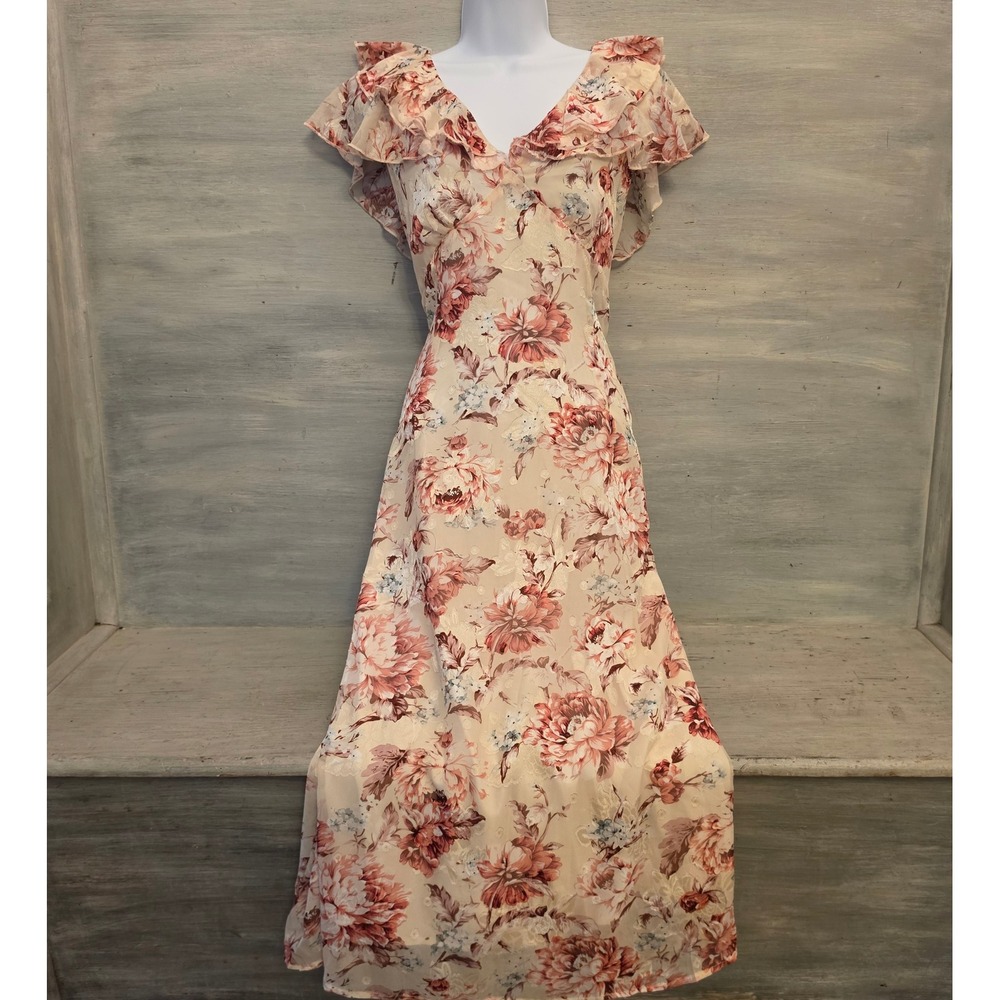 JJ's House Multicolor Floral Cascading Ruffle Vneck Aline Midi Dress XXL GC
